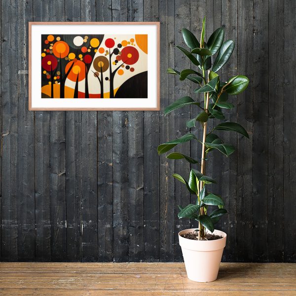 Abstract framed art with vibrant circles hangs above a potted plant against a dark wall.