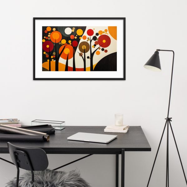 Framed abstract art above a modern desk.