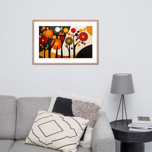 Framed abstract artwork above a modern sofa with pillows and lamp.