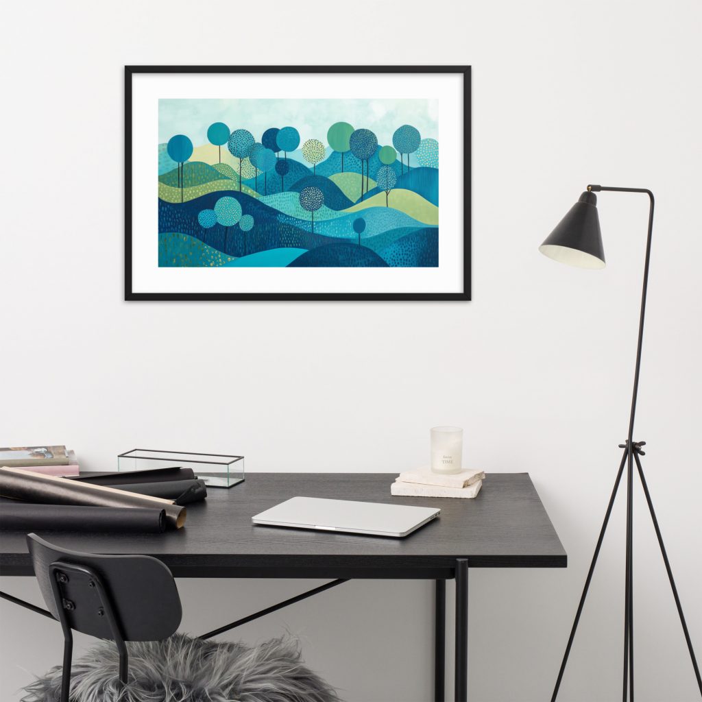 A modern office space with a desk and abstract wall art.