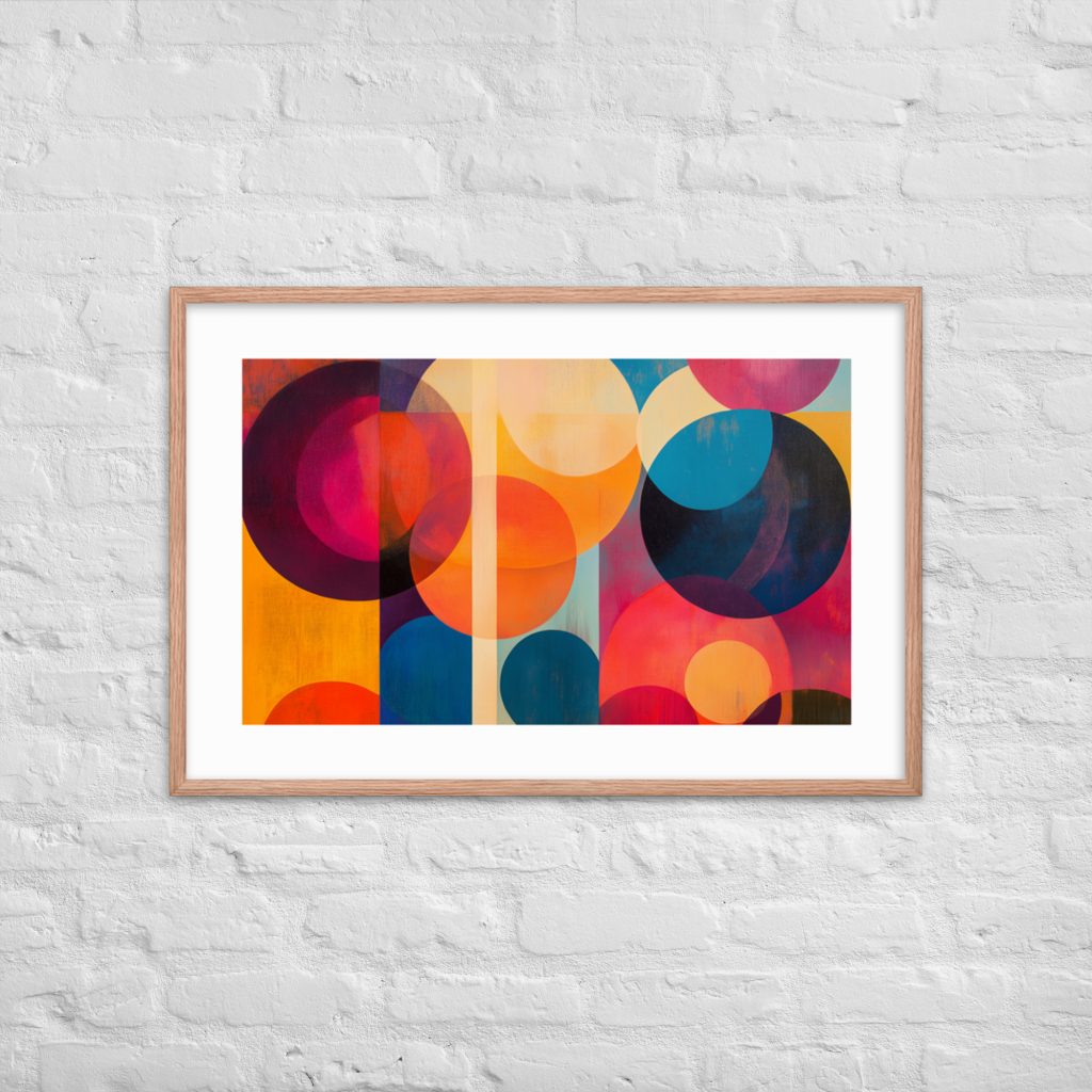 Framed abstract artwork with colorful circular patterns on a white brick wall.