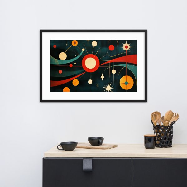 Framed abstract geometric artwork above modern wooden kitchen counter.