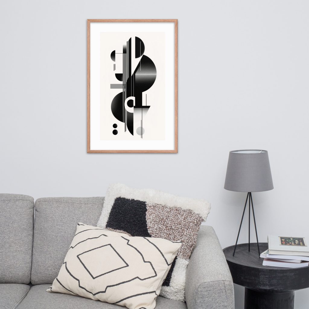 Abstract geometric artwork above modern gray sofa and lamp.