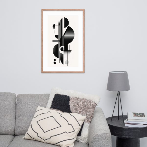 Abstract geometric artwork above modern gray sofa and lamp.