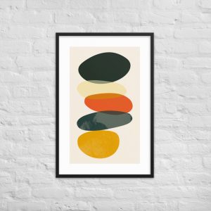 Abstract art print with overlapping geometric shapes in warm and dark tones.