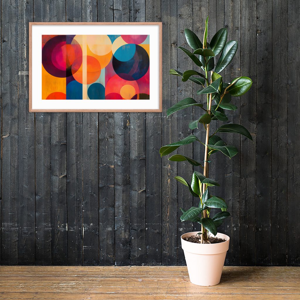 Framed abstract artwork above potted rubber plant against dark wood wall.