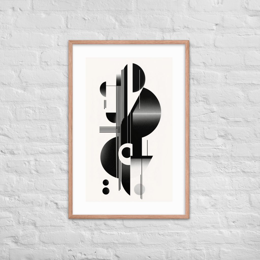 Abstract black and white geometric artwork in wooden frame on brick wall.