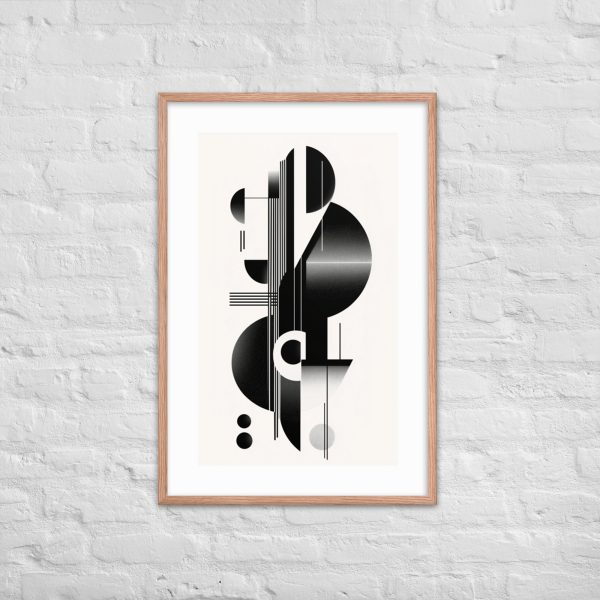 Abstract black and white geometric artwork in wooden frame on brick wall.