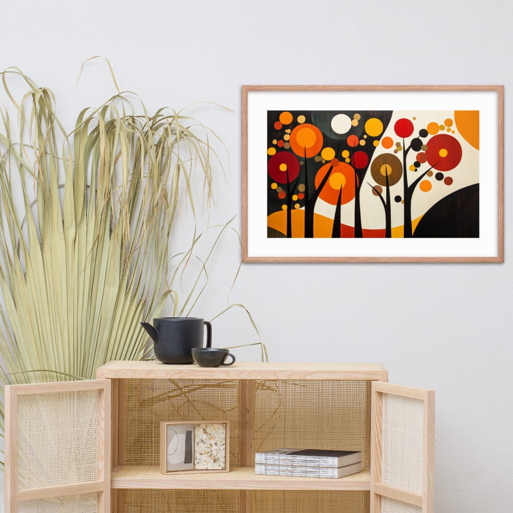 Colorful abstract painting with geometric shapes on modern wall.