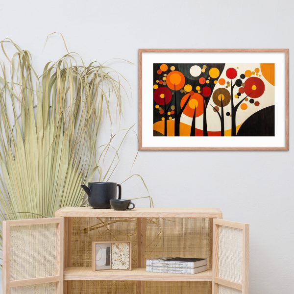 Colorful abstract painting with geometric shapes on modern wall.