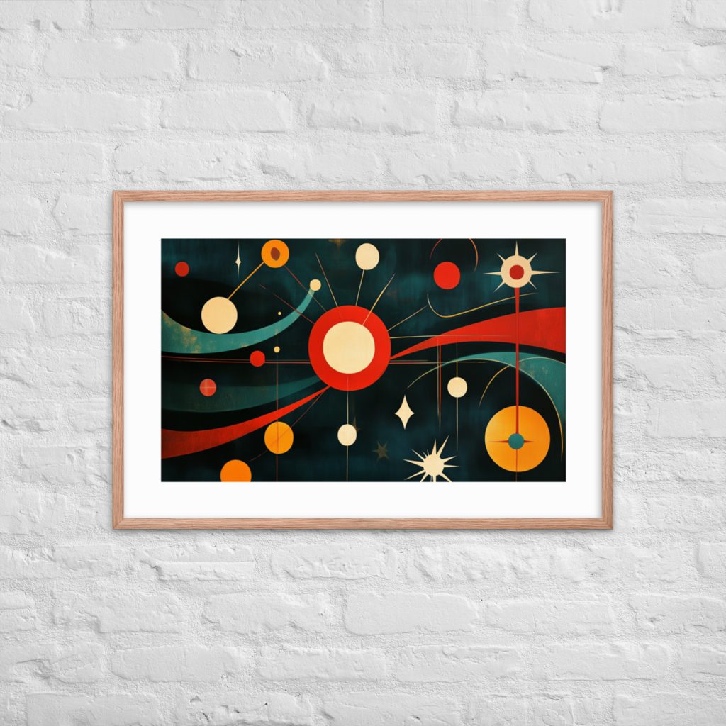 Framed abstract painting with geometric shapes on a textured white wall.