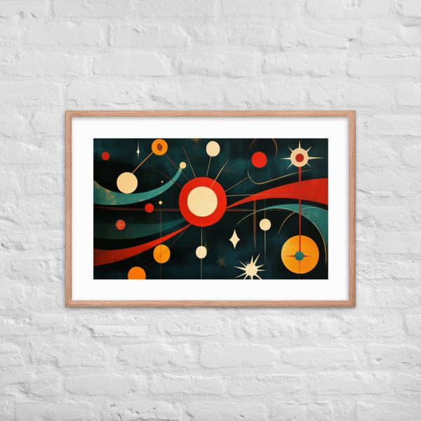Framed abstract painting with geometric shapes on a textured white wall.