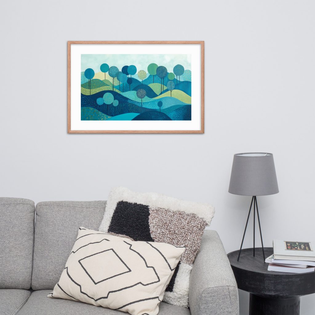 A modern living room with gray sofa, colorful artwork, and table lamp.