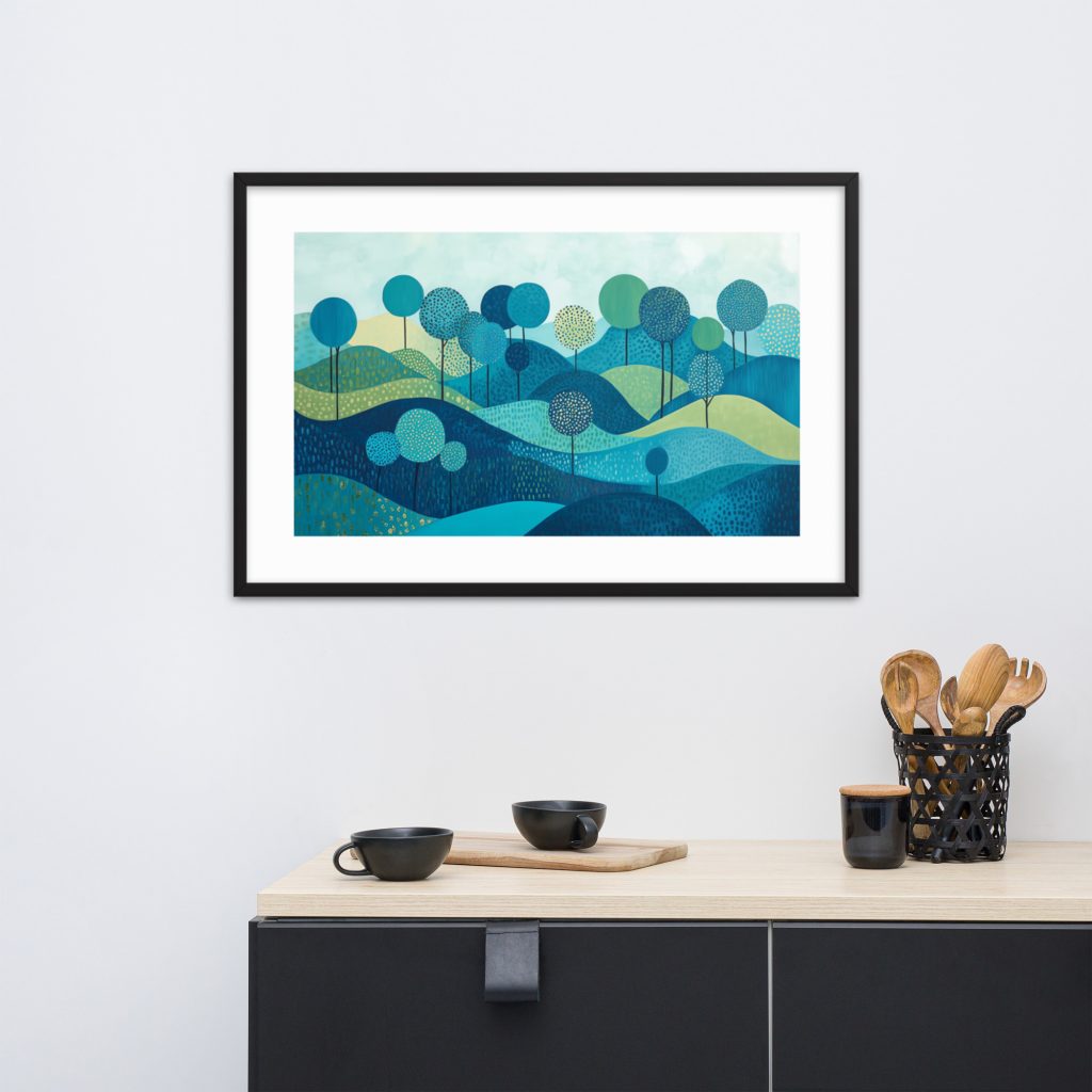 Framed abstract landscape art above a modern kitchen counter.