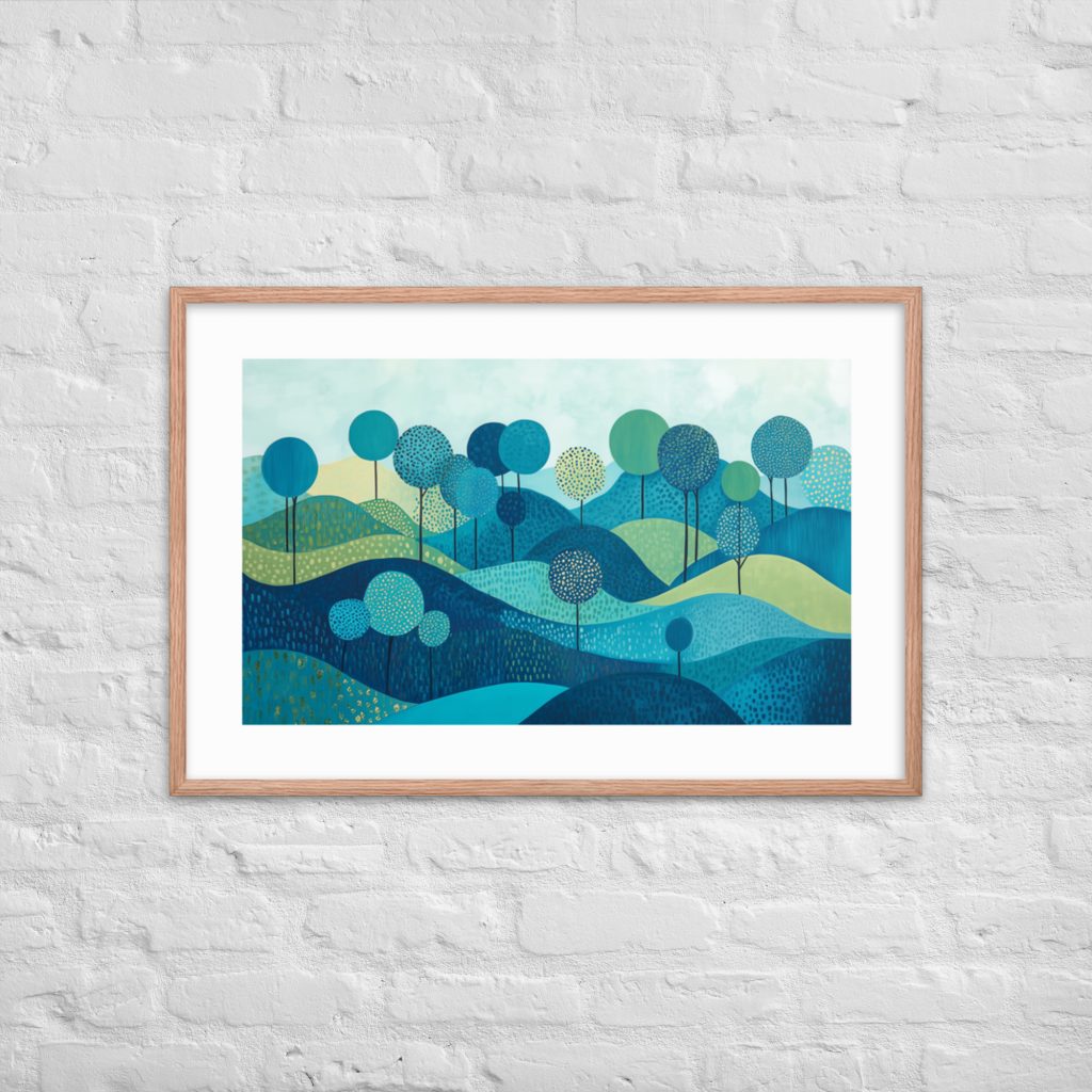 Framed abstract landscape artwork with stylized blue trees on a white brick wall.