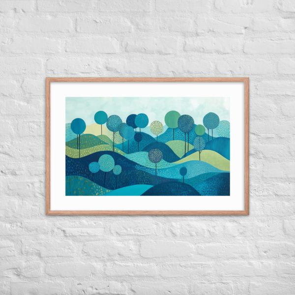 Framed abstract landscape artwork with stylized blue trees on a white brick wall.