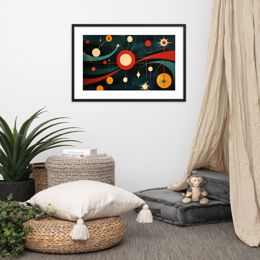Framed abstract art in a cozy, modern living room setting.