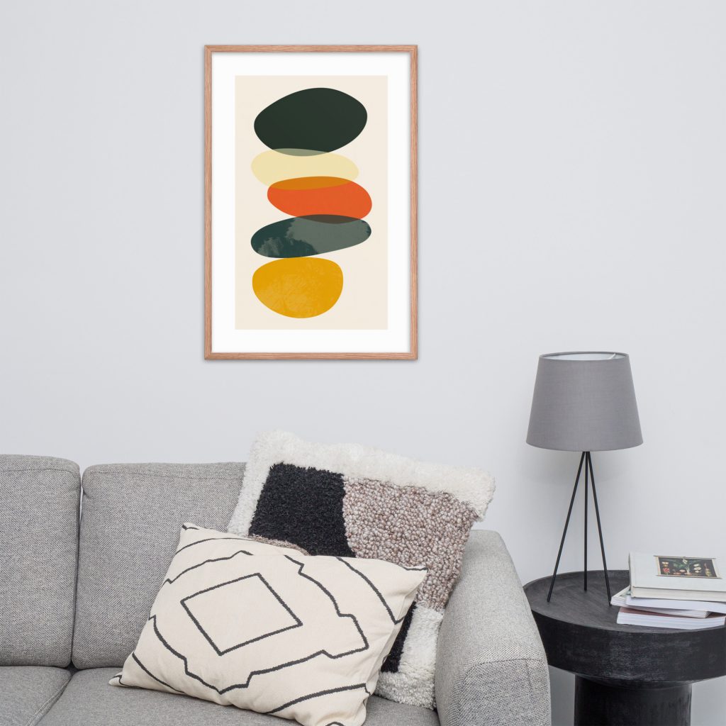 Abstract painting above modern couch and lamp.