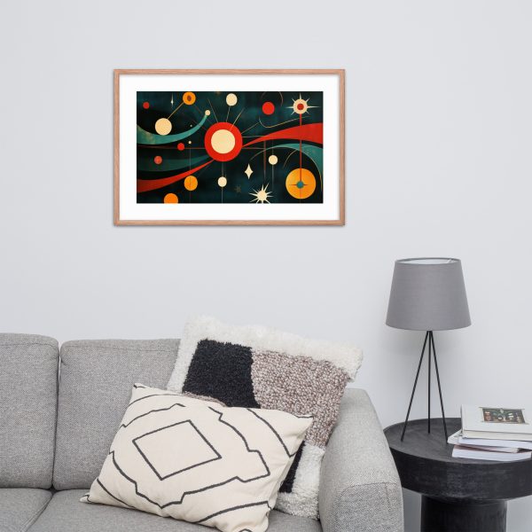 Abstract painting with colorful circles on a wall above a gray sofa.