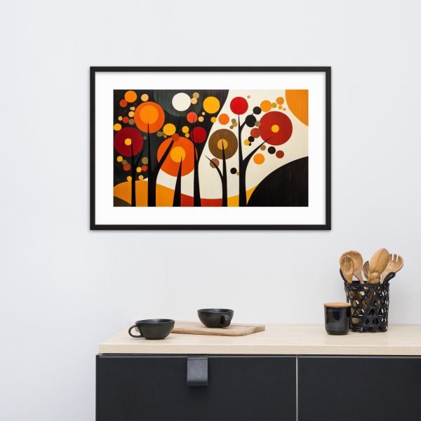 Colorful abstract tree painting in modern kitchen setting.