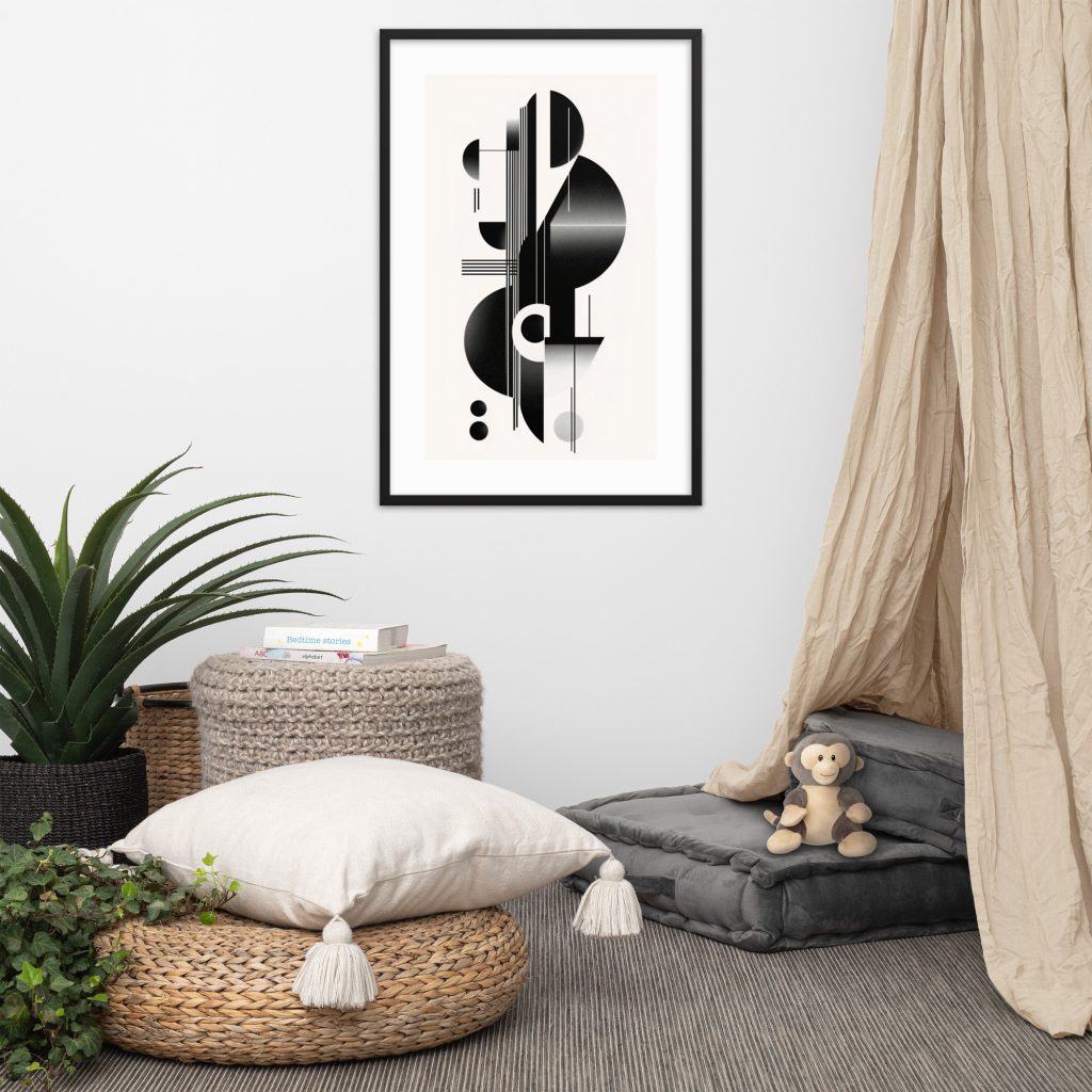 A cozy room with abstract wall art, cushions, and a plant.