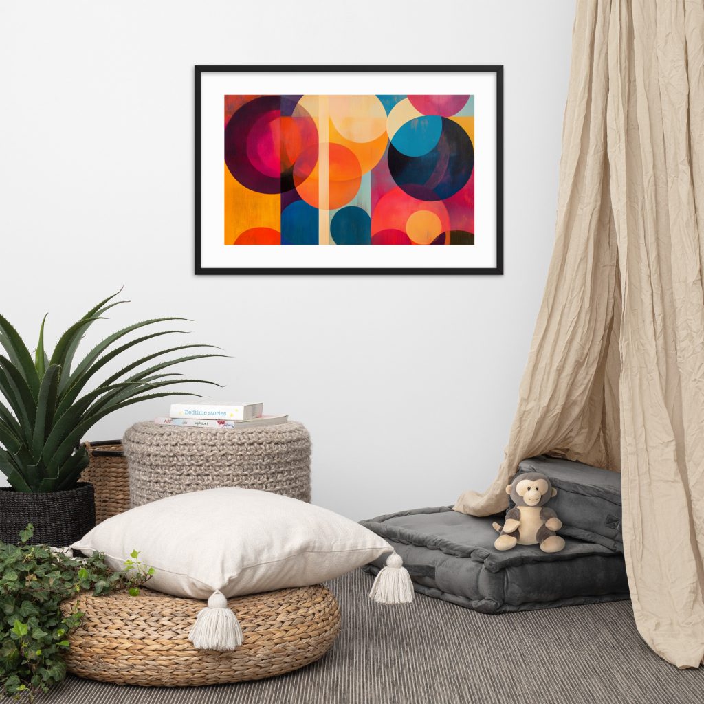 Abstract painting on wall above cozy, modern seating area with soft cushions.