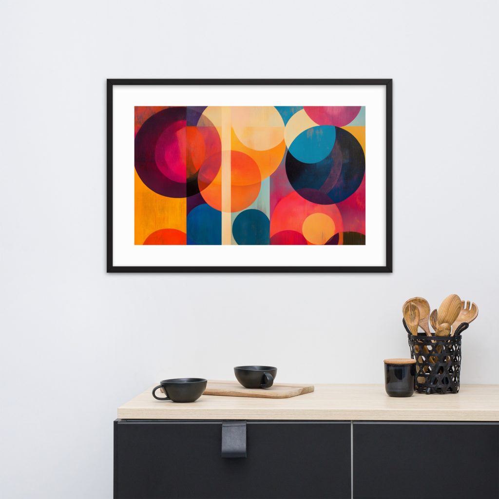 Colorful geometric abstract painting in black frame above modern kitchen counter.