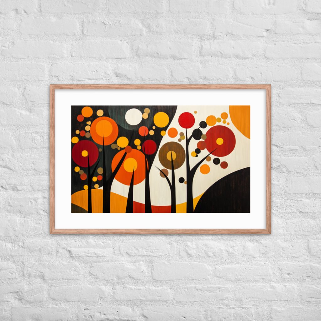 Framed abstract artwork with colorful circular patterns on a white brick wall.