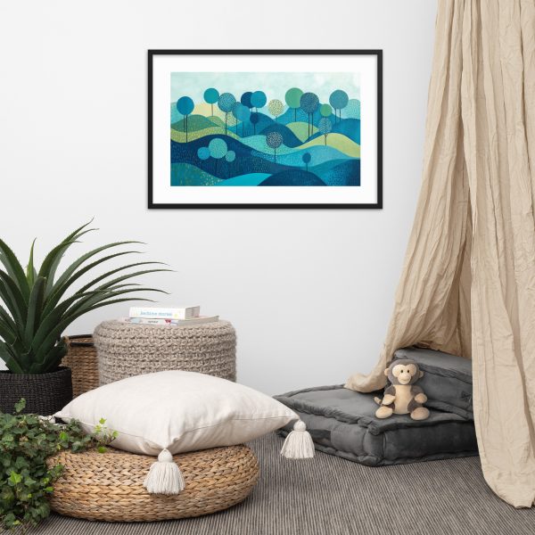 Framed landscape artwork above cozy seating area with cushions and plants.