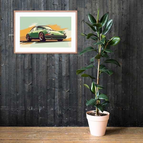 Framed car artwork above potted plant against dark wooden wall.