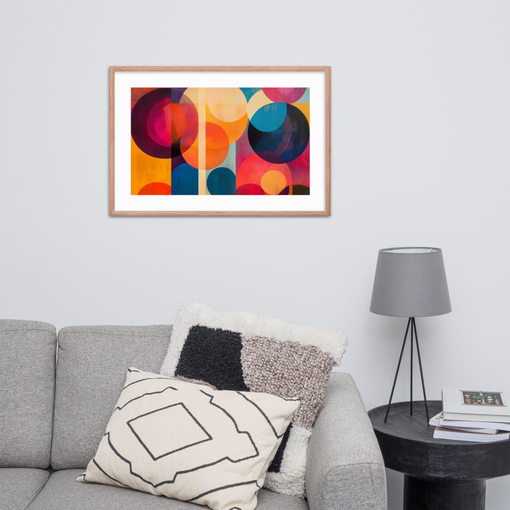 Colorful geometric wall art above gray sofa