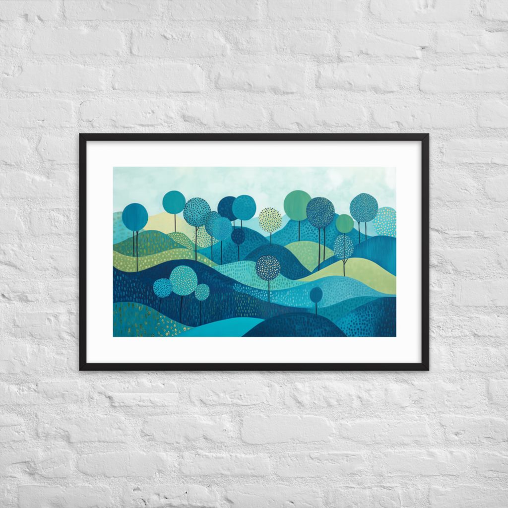 Framed abstract landscape print with geometric trees in shades of blue and green.
