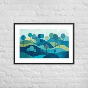 Framed abstract landscape print with geometric trees in shades of blue and green.