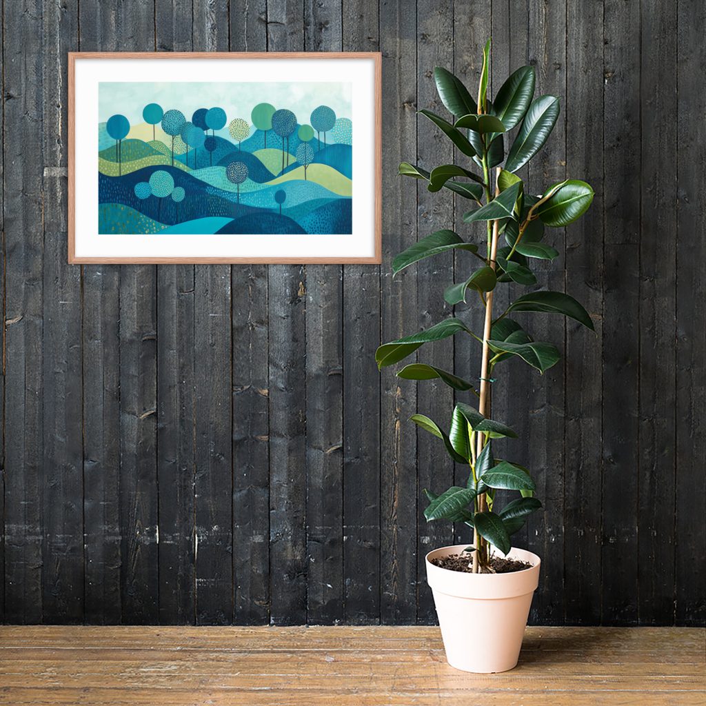Framed landscape artwork and potted plant against rustic wall.