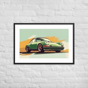 Framed vintage car print on a white brick wall.