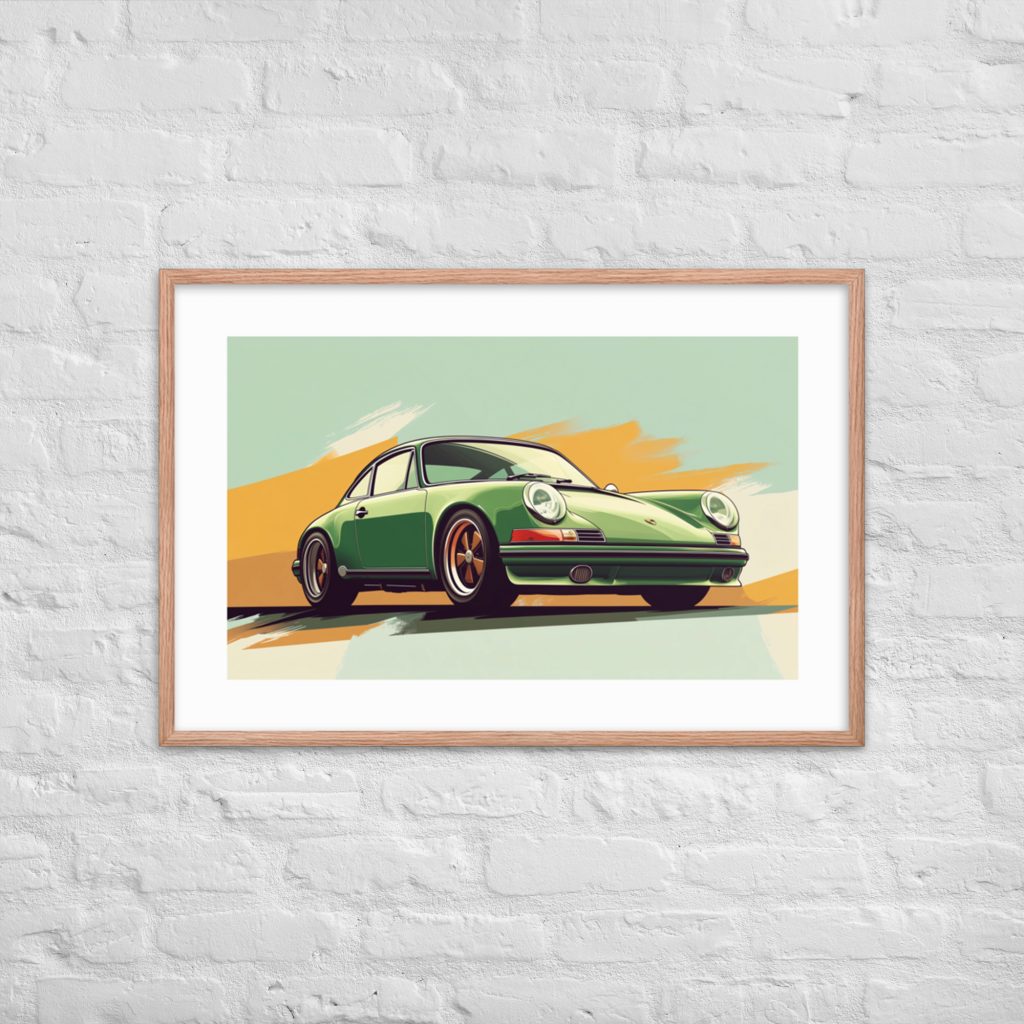 Framed green vintage car artwork on a white brick wall.