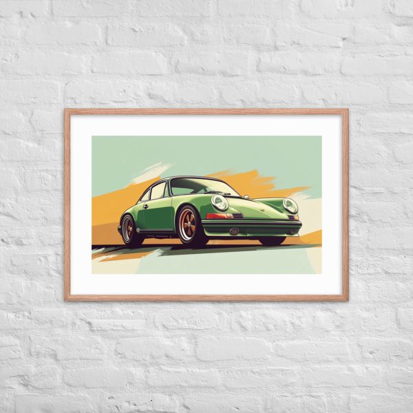 Framed green vintage car artwork on a white brick wall.