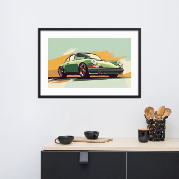 Framed vintage car poster above modern kitchen counter with utensils.