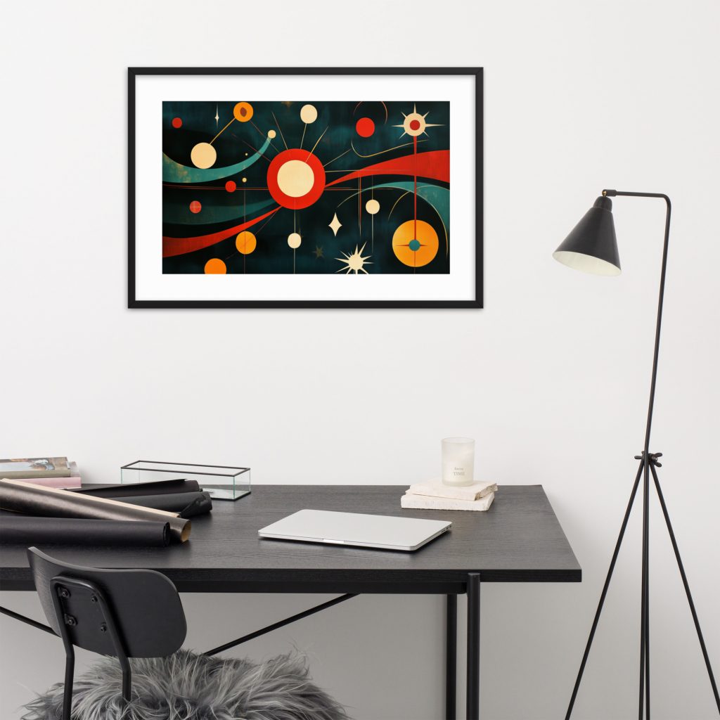 Abstract geometric art above modern workspace.