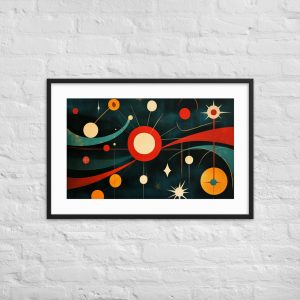 Framed mid-century style artwork with abstract geometric patterns on brick wall.