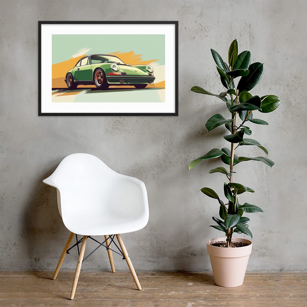 A modern chair, potted plant, and framed car artwork on a textured wall.