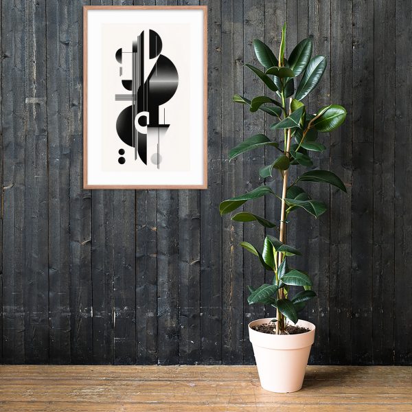 A modern abstract art piece on a dark wooden wall with a potted plant.