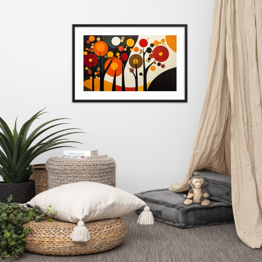 Colorful abstract painting with circles above cozy, modern room decor.