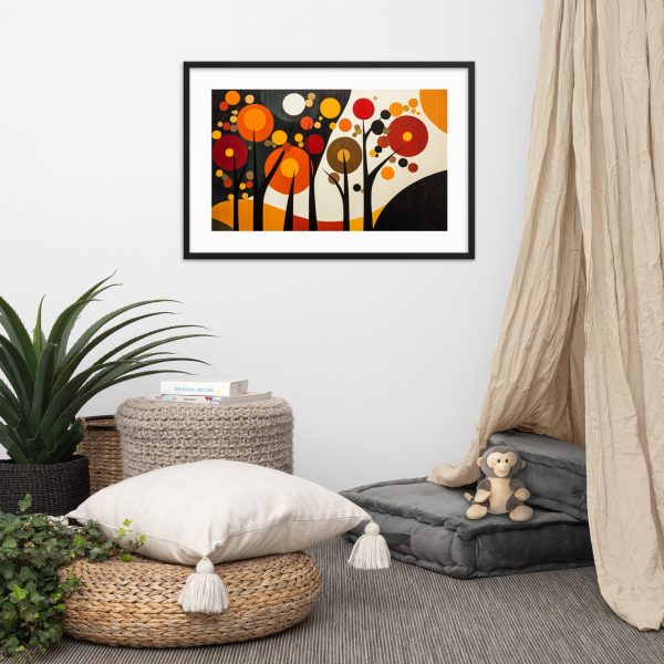Colorful abstract painting with circles above cozy, modern room decor.