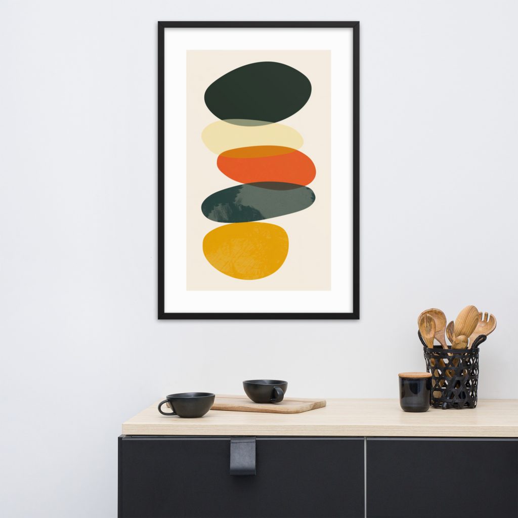 A modern abstract painting with overlapping colorful shapes hangs above a minimalist sideboard.
