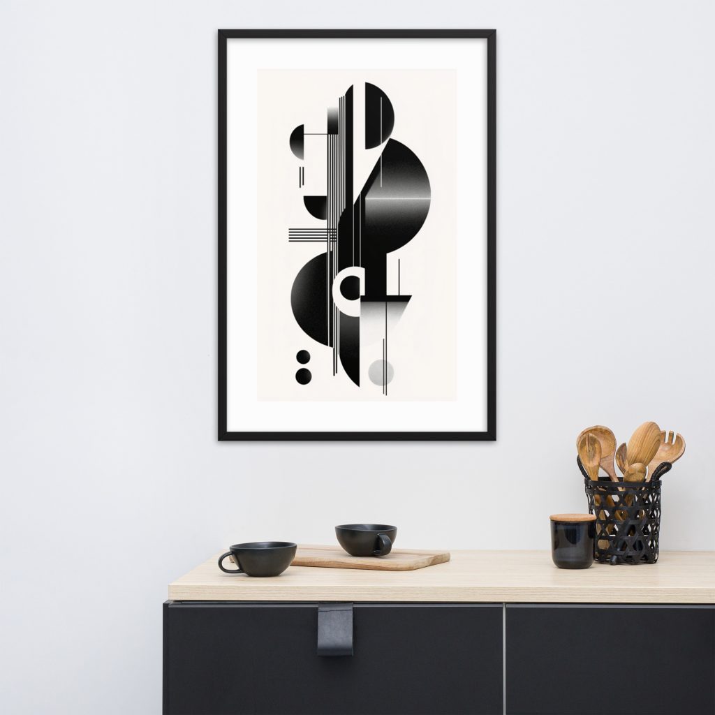Abstract black and white artwork above modern countertop with kitchen utensils.