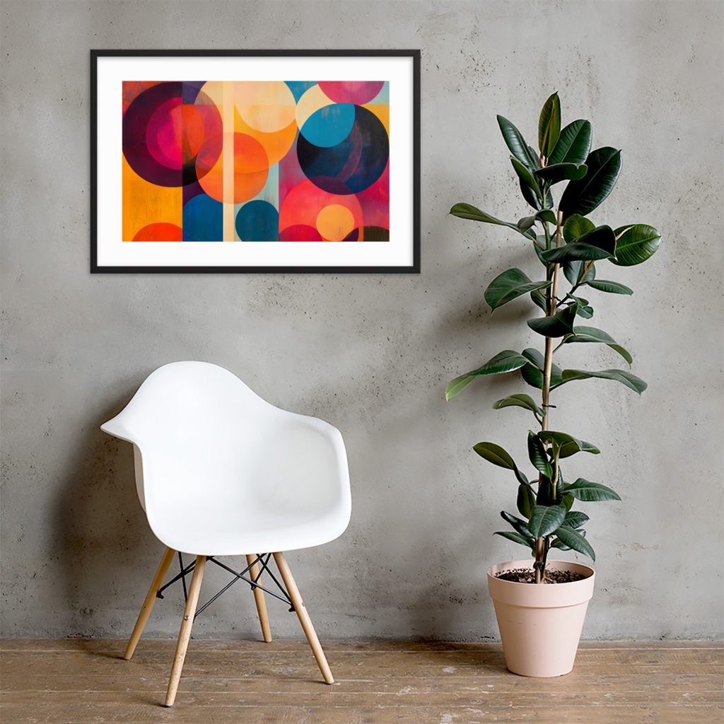 A white chair, abstract artwork, and a potted plant on a concrete floor.