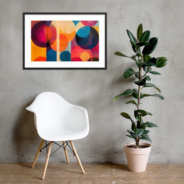 A white chair, abstract artwork, and a potted plant on a concrete floor.