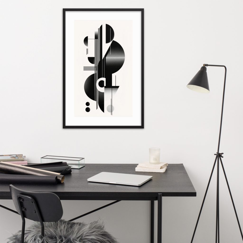 A modern, minimalist workspace with abstract art and desk lamp.