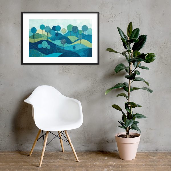 A modern room features a white chair, plant, and landscape artwork.